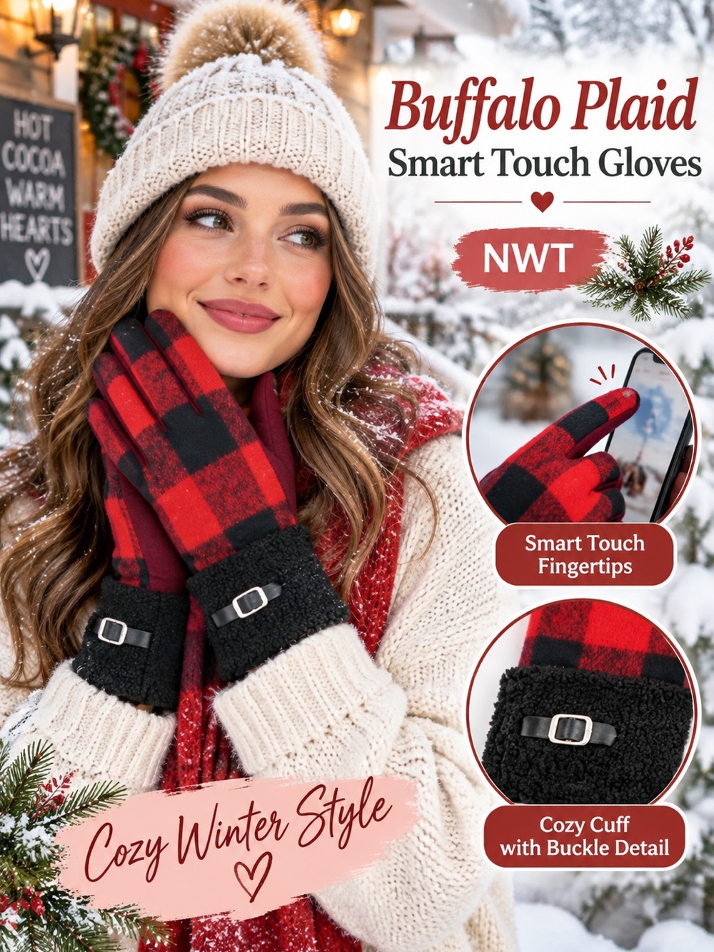 Buffalo Plaid Smart Touch Gloves - Red/Black